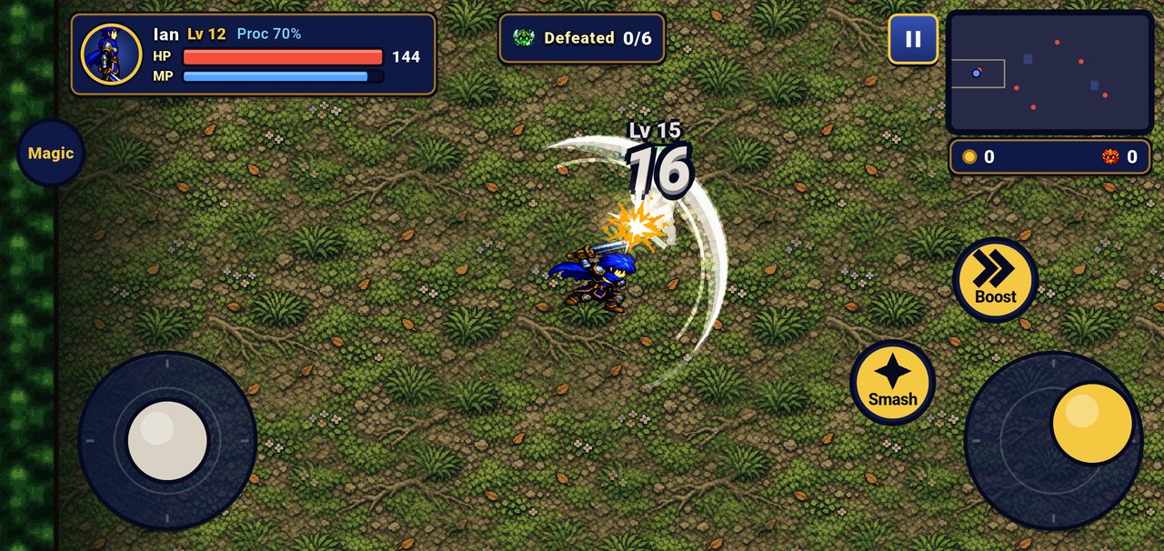Gameplay: Ian slashes an enemy in a forest dungeon, with the move stick, aim stick and the Boost, Smash and Magic buttons on screen